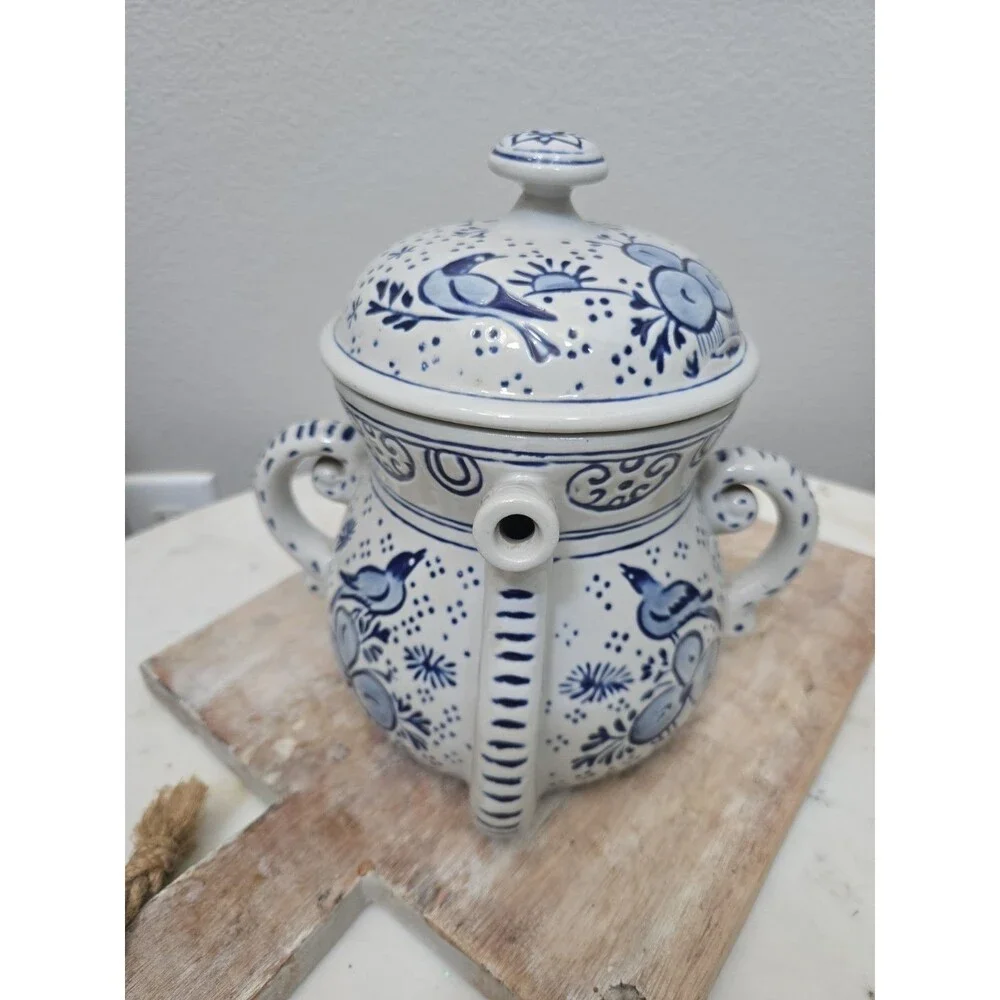 Vtg 1980 BLUE & WHITE TWO HANDLED EMBOSSED STONEWARE TEAPOT AVON- BIRDS FLORAL